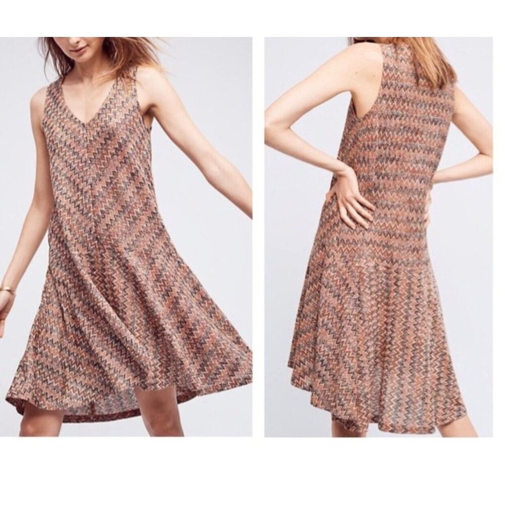 Anthropologie Maeve Womens XSMALLP Westwater Chevron Knit Dress Brown Pink Motif